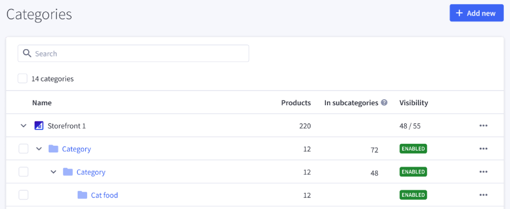 Example of the category manager, with categories and subcategories.