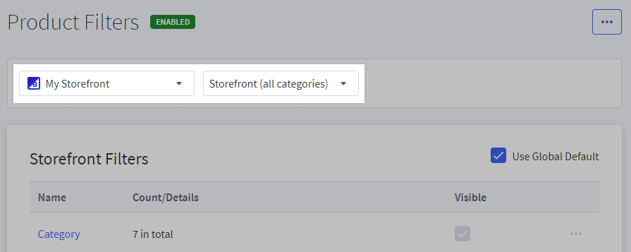 Channel and category selectors at the top of the Product Filtering settings page