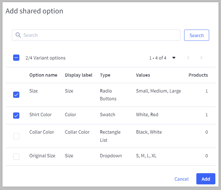 Select the shared variant options to add to the product.