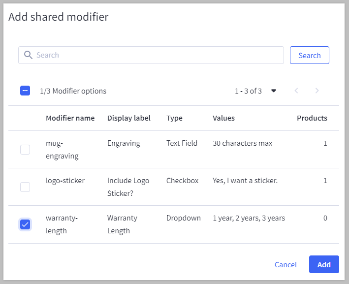 Select the shared modifier options to add.