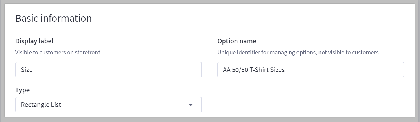 The Basic information fields for a shared variant option