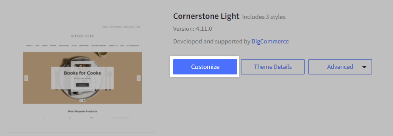 Customize button highlighted on the Themes page