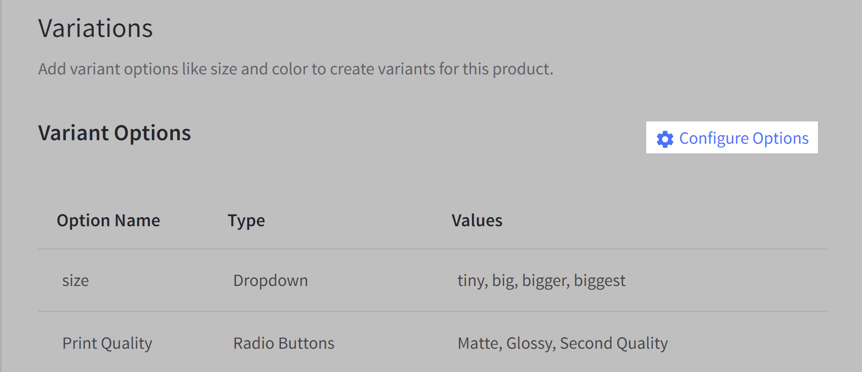 Click Configure Options to unassign options from a product.