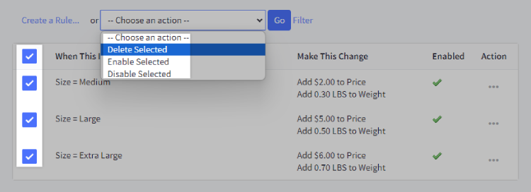 Delete selected option set rules