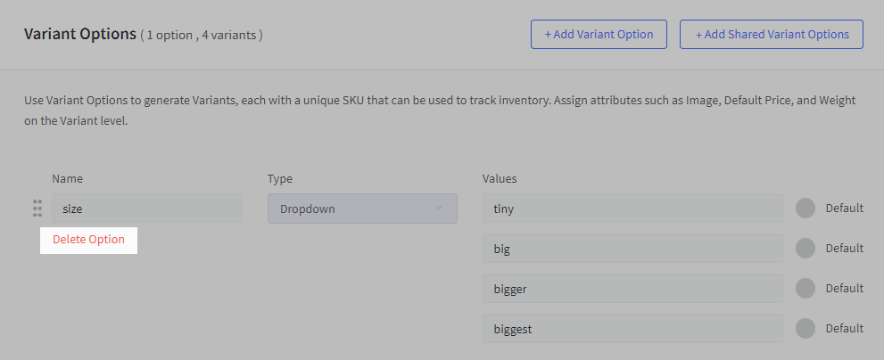 Click Delete Option to unassign an option.