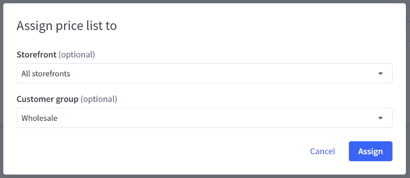 The "Assign price list to" popup