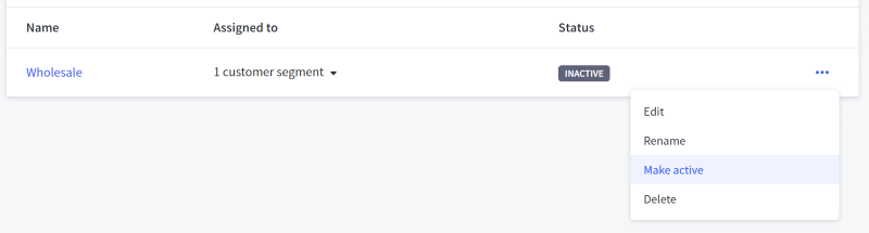 "Make active" highlighted in the price list's Action menu