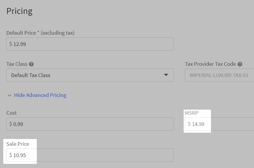 MSRP and Sale Price highlighted under Show Advanced Pricing