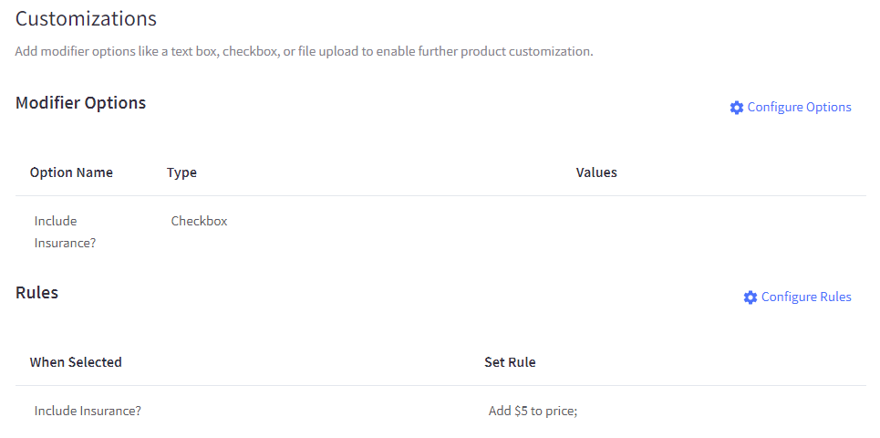 Add and edit modifier options in the Customizations section.