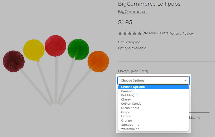 A product with flavor options in a dropdown list