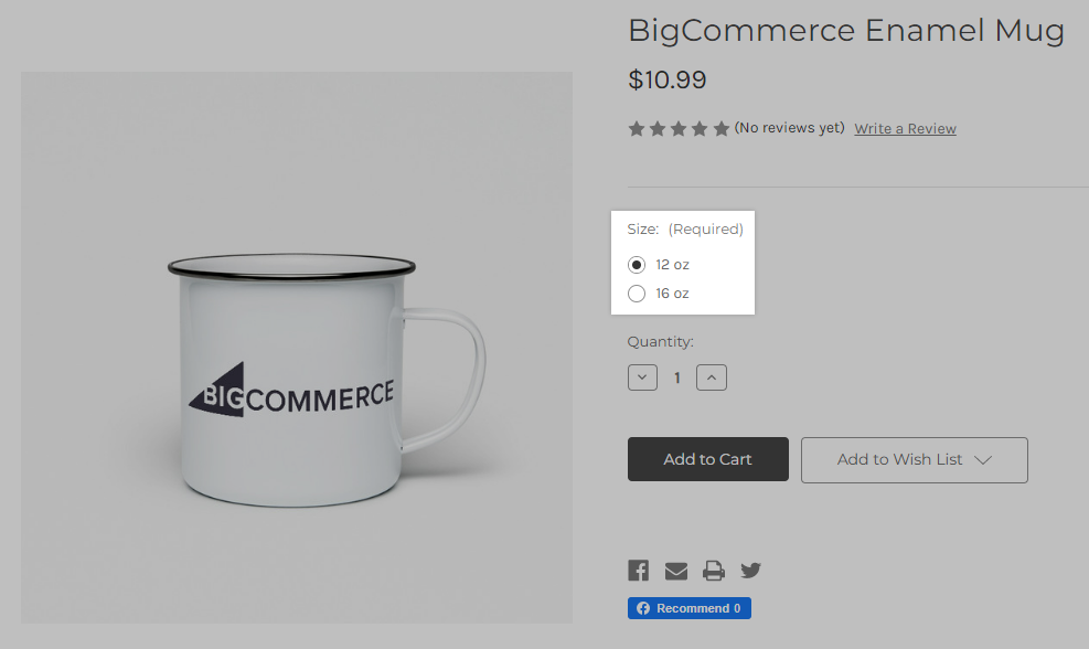 A product with size options in a radio button list