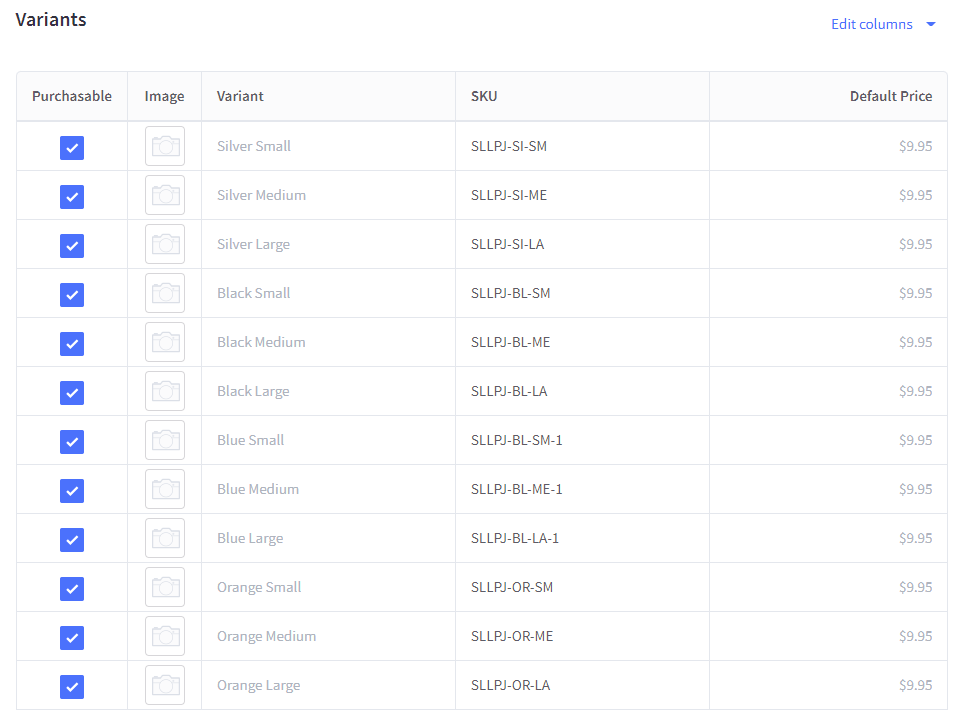 Manage variant attributes in the Variants table.