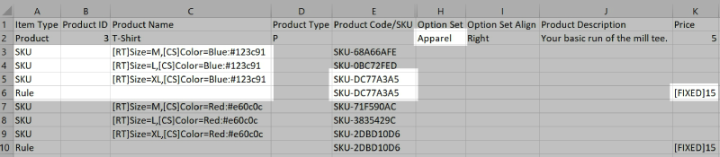 An example CSV with SKU and Rule rows