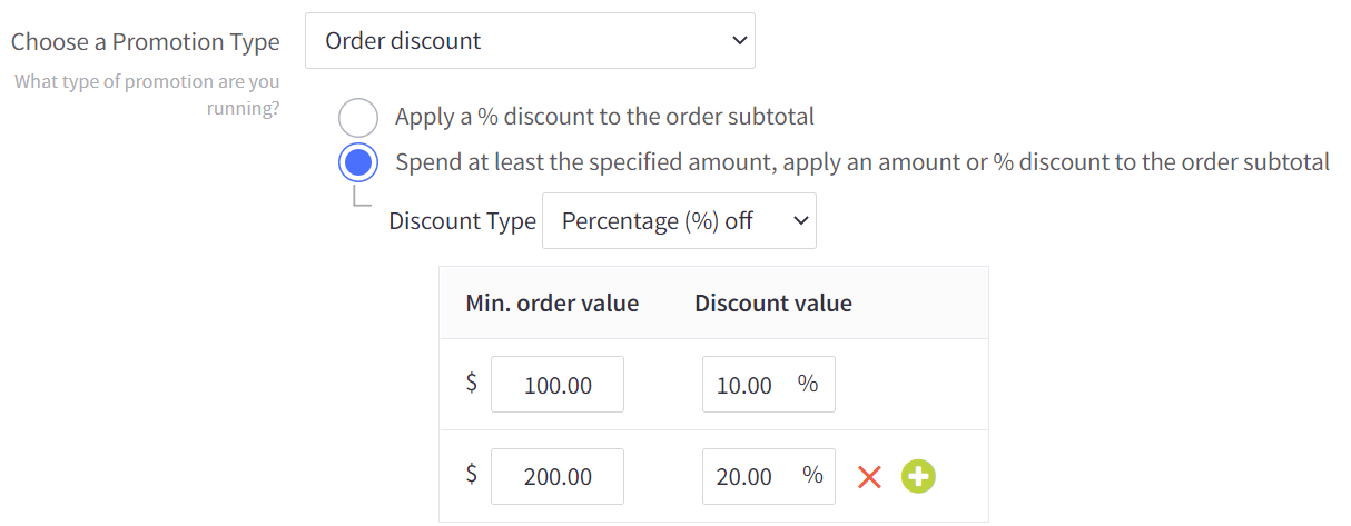 An example of configuring a minimum order discount with multiple tiers