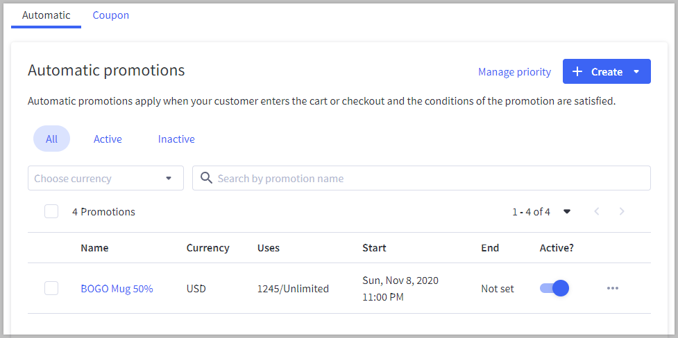 screenshot of the promotions manager