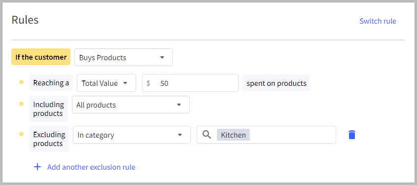 Example rule condition for having $50 in a cart, excluding a product category.