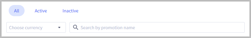 all, active, and inactive promotions filters, currency dropdown filter, and search bar