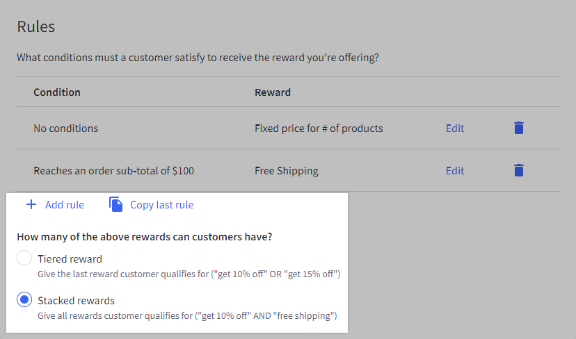 Example of selecting for rewards to stack on a promotion.