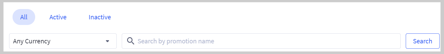 all, active, and inactive promotions filters, currency dropdown filter, and search bar