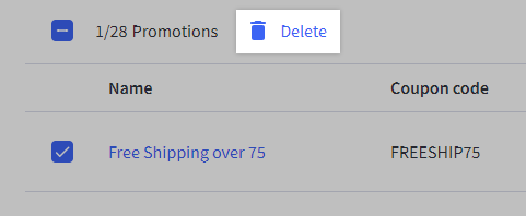 Select the Coupon promotion, then click delete at the top