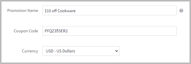Coupon Promotion name, coupon code, and currency fields