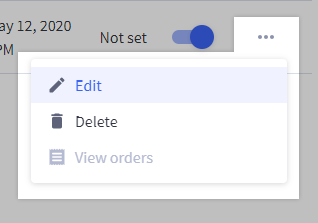 Coupon action menu with edit, delete, and view orders shown.