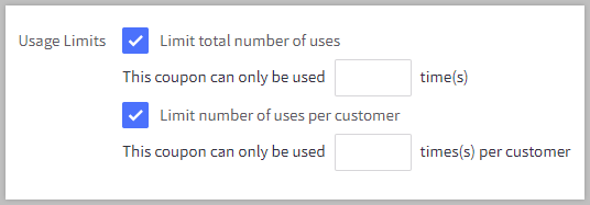 Options to limit total number of uses and uses per customer.