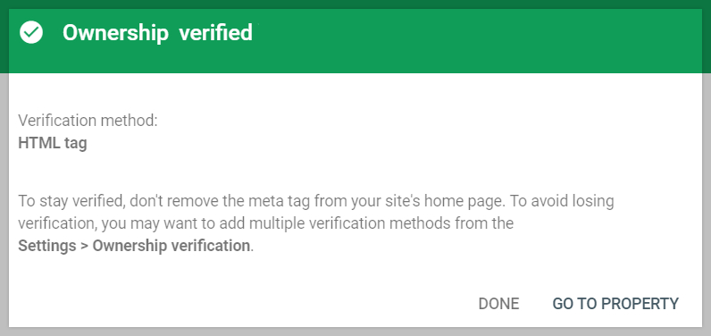 Confirmation message showing your site has been successfully verified