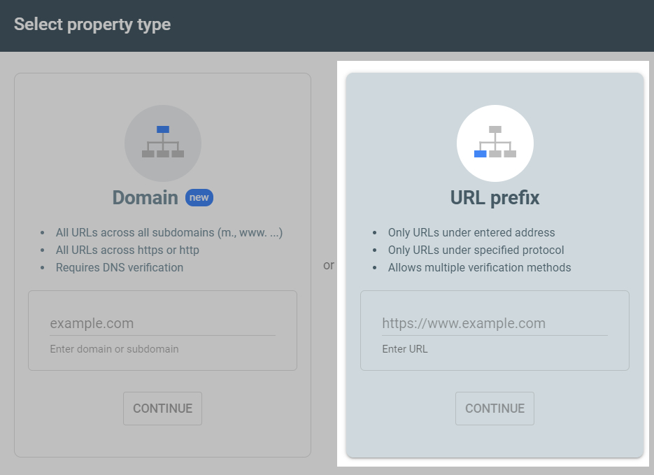 Google Search Console property type selection modal