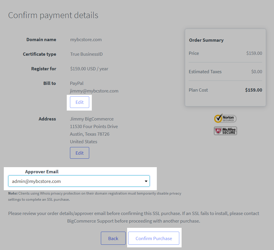 Confim payment details screen with edit payment method, approver email and confirm purchase button highlighted