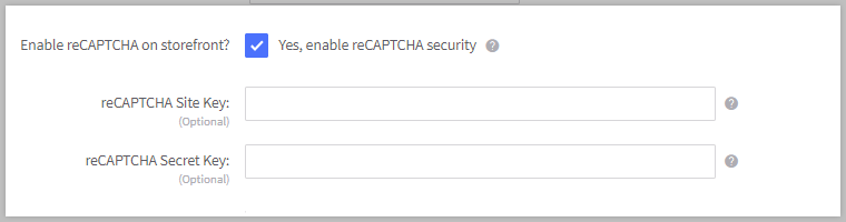reCAPTCHA storefront settings.