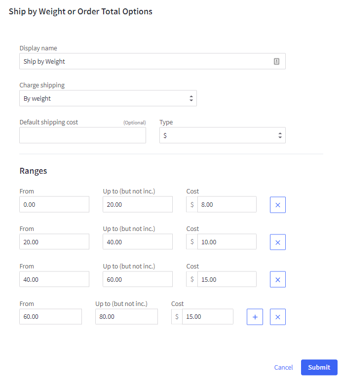 Ship by Order Total Options popup