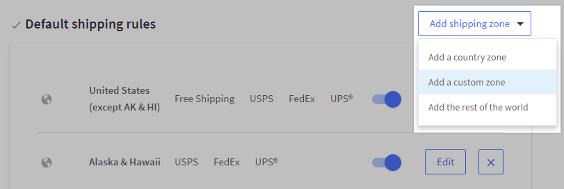 Add a custom zone highlighted in the Add a shipping zone list button in Shipping page