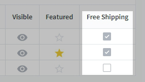 Column on the bulk editing screen showing which products currently have free shipping enabled on the product level