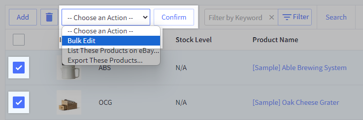 The Choose an Action drop-down menu with Bulk Edit highlighted.