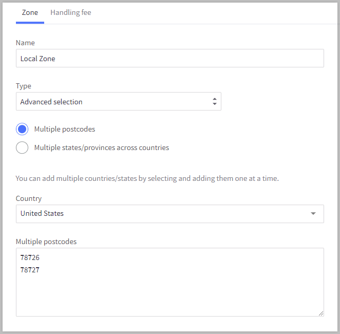 Custom zone set to allow shipping to multiple postcodes.