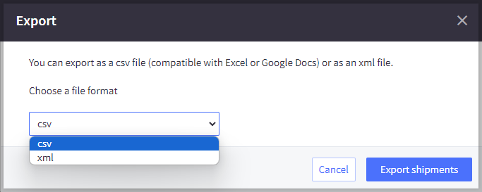 export modal window showing csv and xml format dropdown.