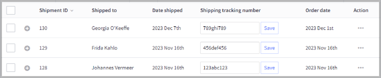 Order shipments view, showing Shipment ID, Shipped to, Date shipped, Shipping tracking number, Order date, and action menu.