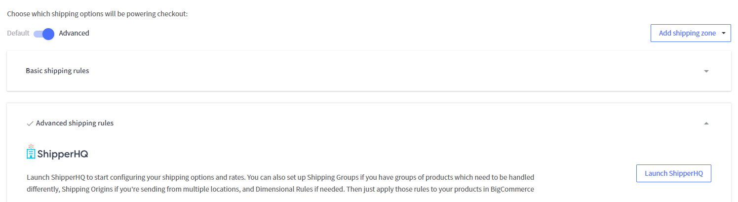 Shipping page showing toggle between basic shipping and advanced shipping rules