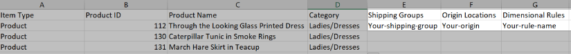 Sample CSV with shipping fields highlighted