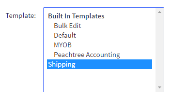 The newly created export template selected in the Export Products screen