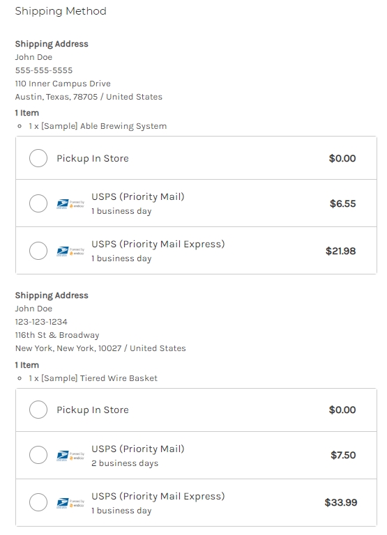 Example showing multiple shipping options for multiple shipping addresses