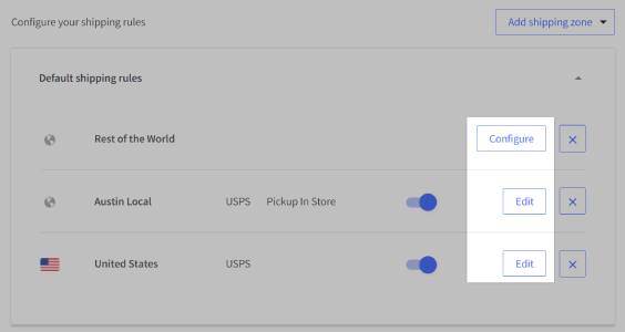 Edit buttons next to shipping zones highlighted in the Shipping page