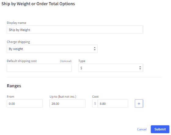 Ship by weight or order total settings in the Shipping page