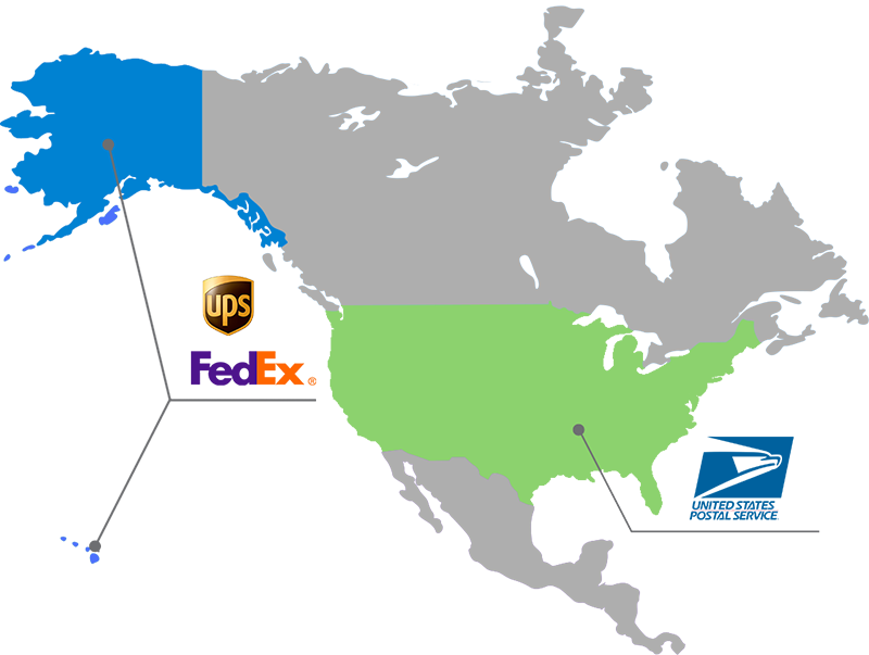 Shipping zones visual showing UPS and FedEx offered in Alaska and Hawaii and USPS offered in the continental United States