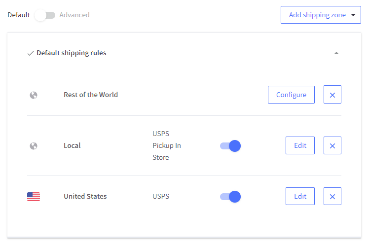 Shipping page screen showing zones and methods that are set up and enabled