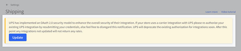 The UPS re-authorization alert banner at the top of the shipping settings page