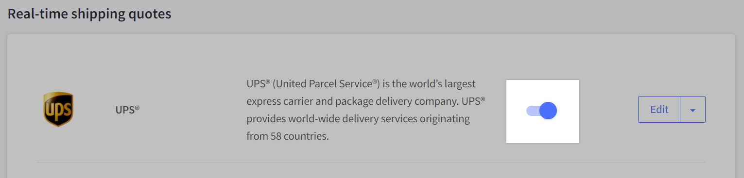 The Real-time shipping quotes area showing UPS enabled.