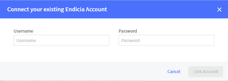 The Endicia account link popup with fields for username and password