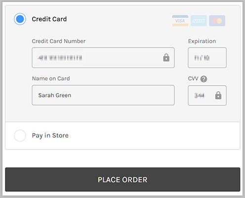 Completed Credit Card payment fields shown with Place Order button